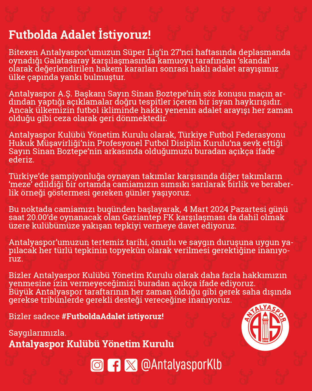 Antalyaspor Duyuru Futbolda Adalet 2024 02 28