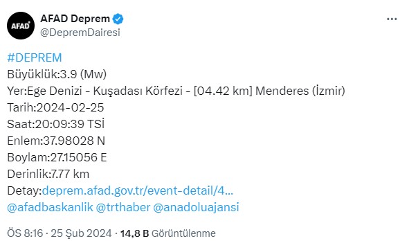 Kusadasi Korfezi Nde 3 9 Buyuklugunde Deprem 16886826 1211 M