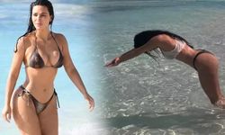Kim Kardashian alay konusu oldu, tatil pozlarıyla mest etti ama o denize dalışı hareketi olay oldu